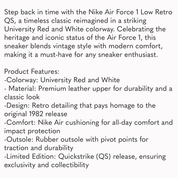 Nike Air Force 1 Low Retro  University Red White Sz 4.5 men New no box unisex - Picture 12 of 14